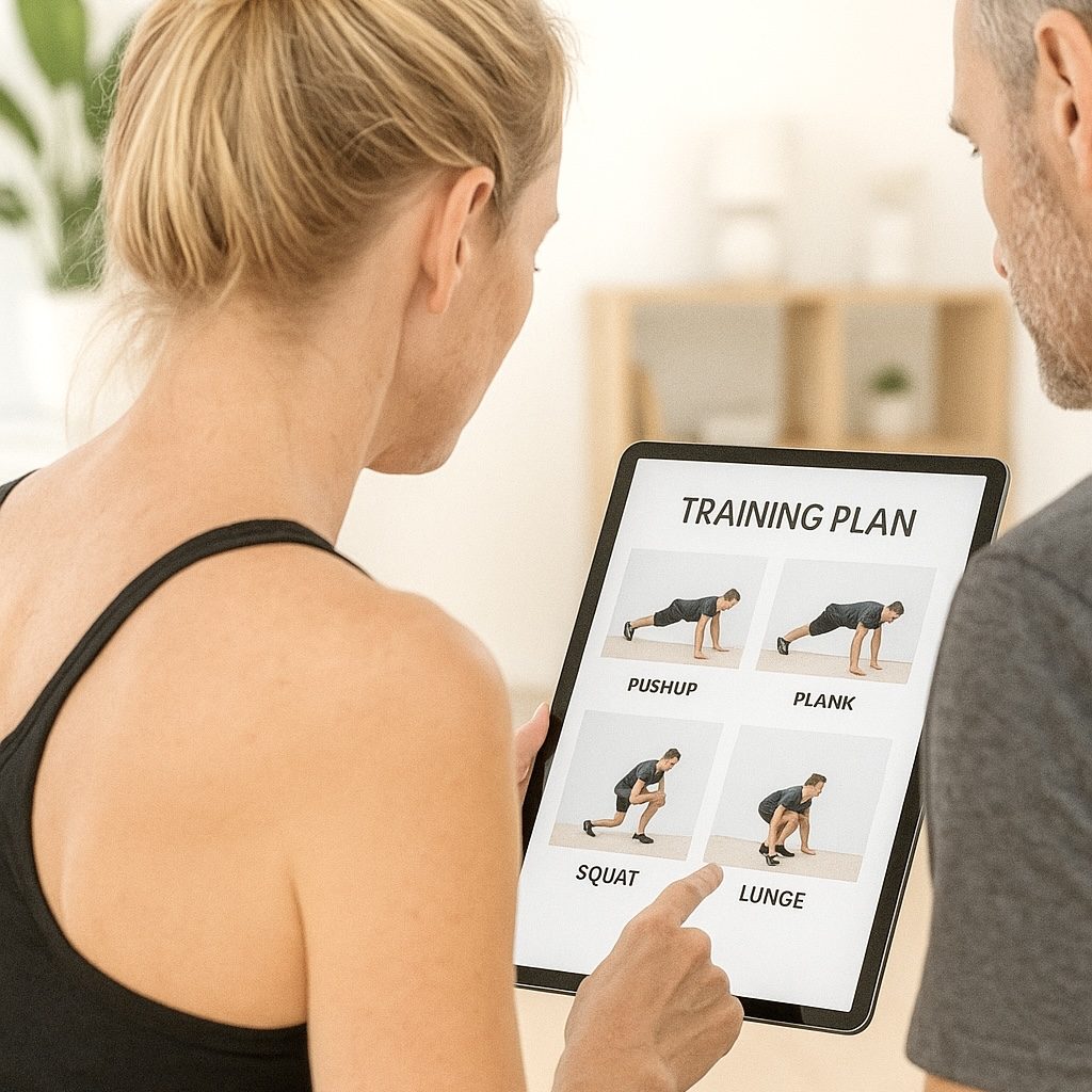 PERSONALTRAINERIN KARIN SCHRÖTER MIT KUNDE UND TRAININGSPLAN